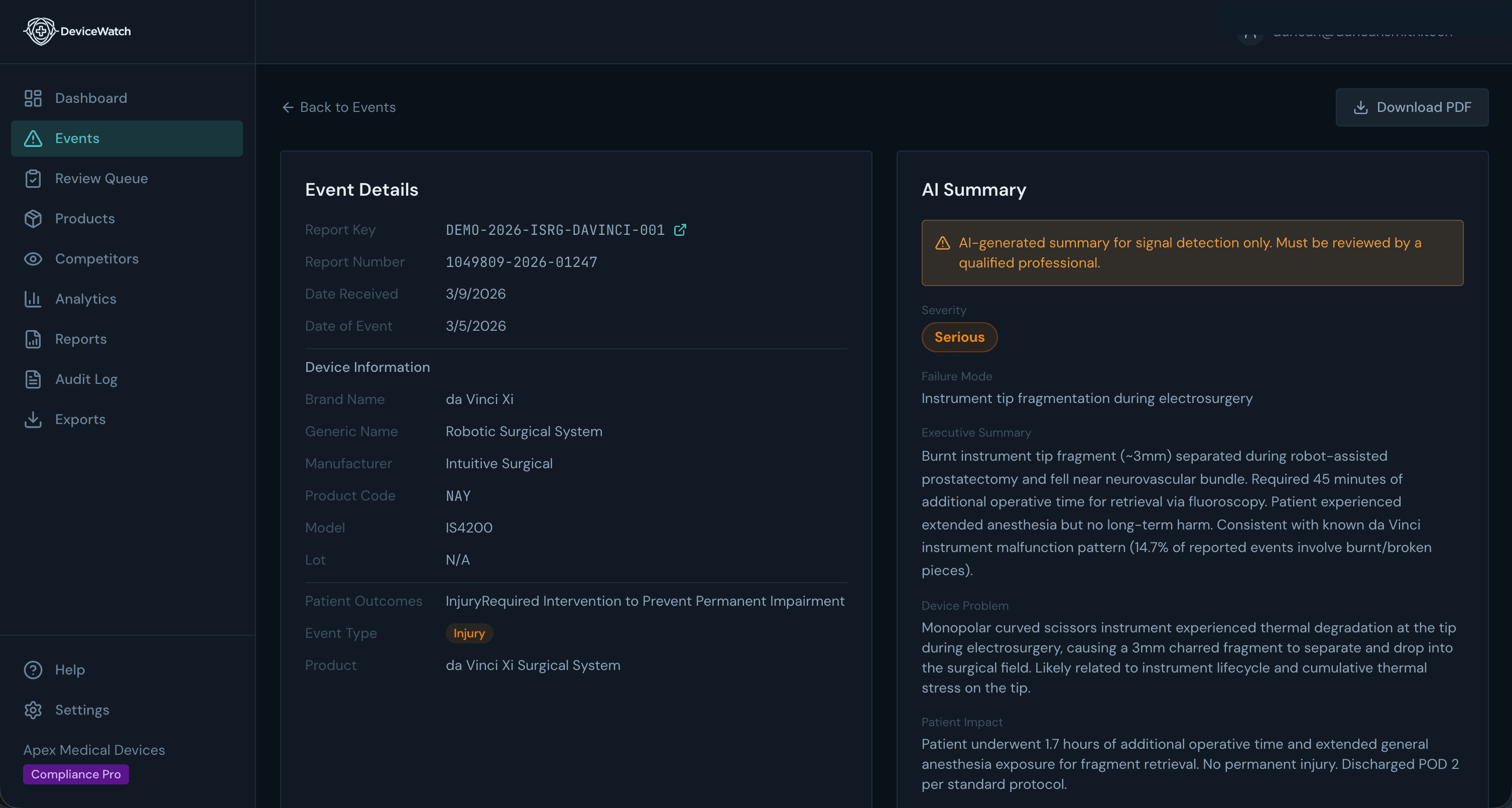 Event detail view showing AI-generated summary alongside original FDA adverse event report data